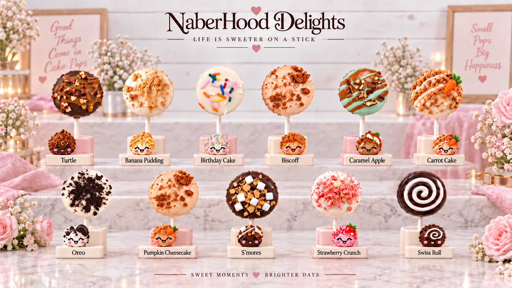 A NaberHood Delights flavor showcase featuring cake pops and their mascots